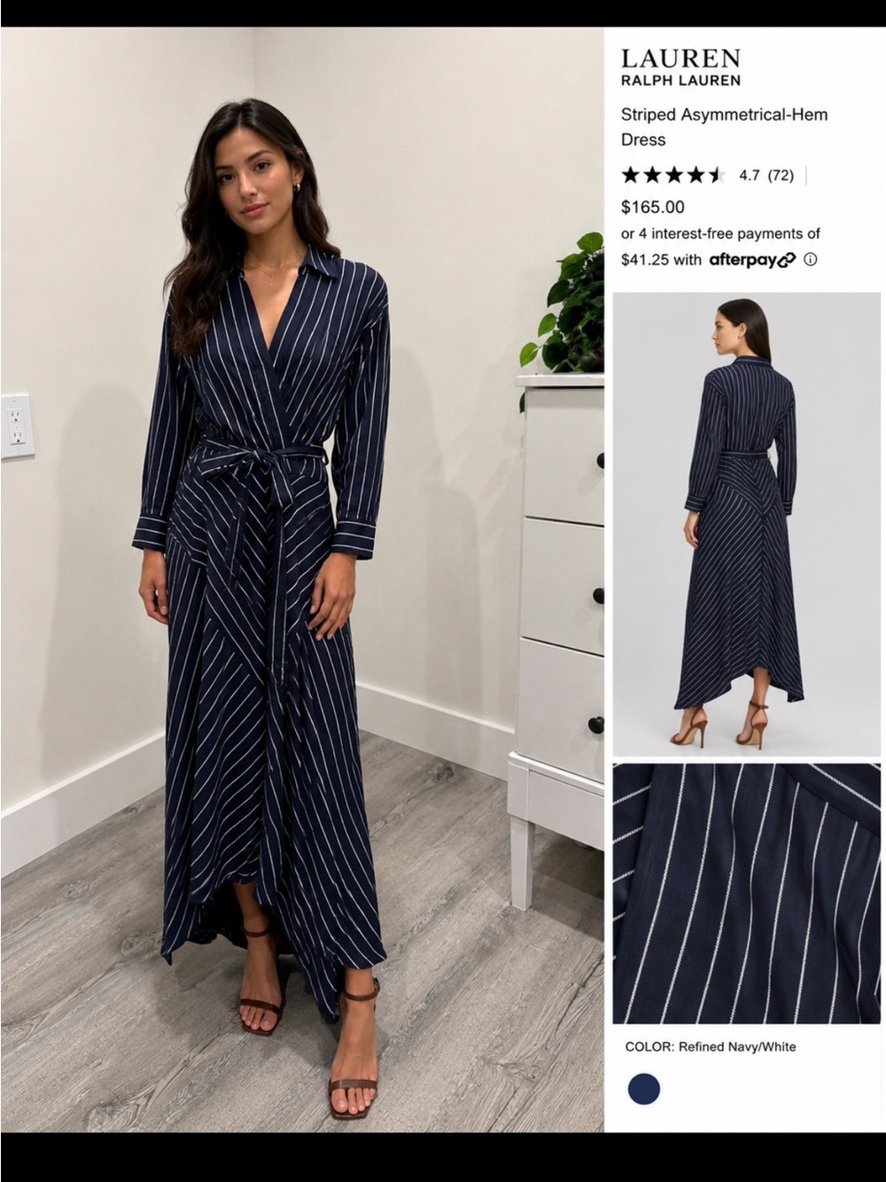 Lauren Ralph Lauren Navy and White Striped Asymmetrical Wrap Dress